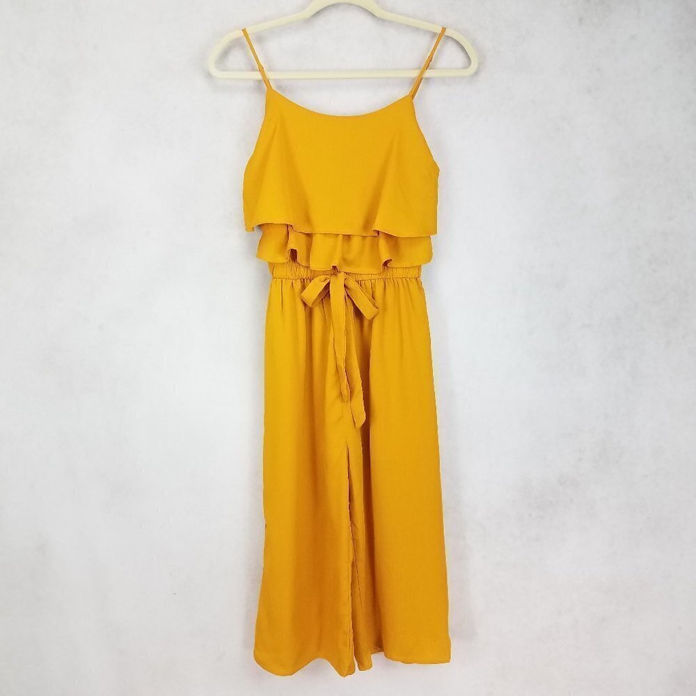 One Clothing Sleeveless Pant Jumpsuit Sz M Cropped Wide Leg Yellow Ruffle Tiered